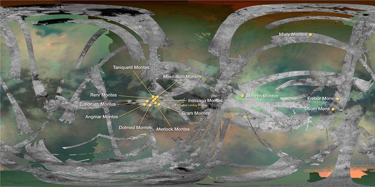 This map of Saturn’s moon Titan identifies the locations of mountains that have been named by the International Astronomical Union. By convention, mountains on Titan are named for mountains from Middle-earth, the fictional setting in fantasy novels by J.R.R. Tolkien.