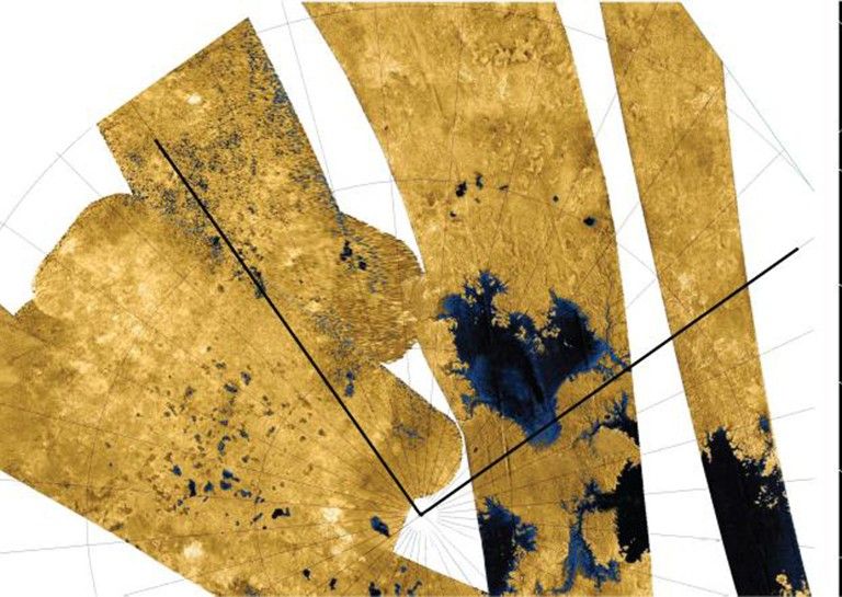 A dense network of small rivers or swampy areas appears to connect some of the seas on Saturn's moon Titan. At approximately 50,000 square miles (about 125,000 square kilometers), Ligeia Mare (middle of the images) is larger than any North American lake.