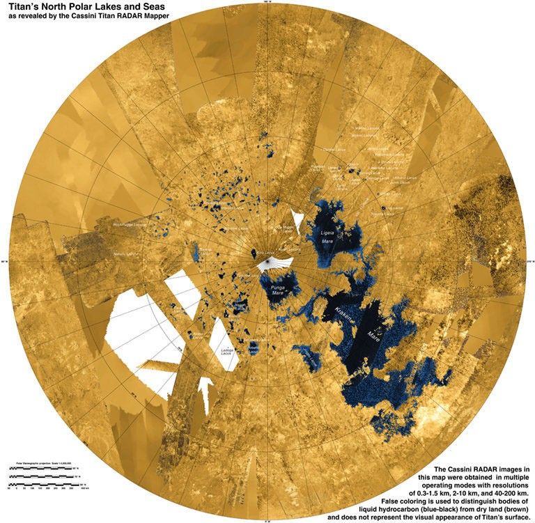 This colorized mosaic from NASA's Cassini mission shows the most complete view yet of Titan's northern land of lakes and seas.