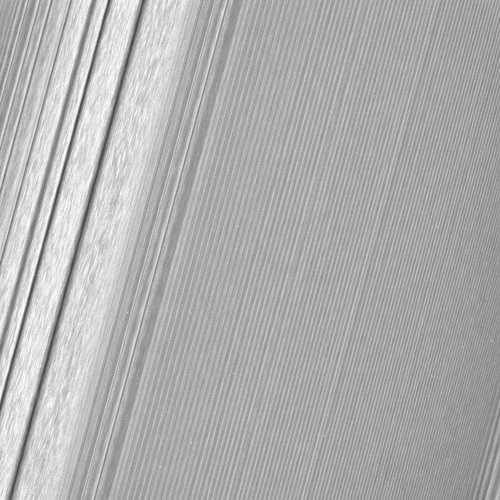 Black and white image of Saturn's rings.