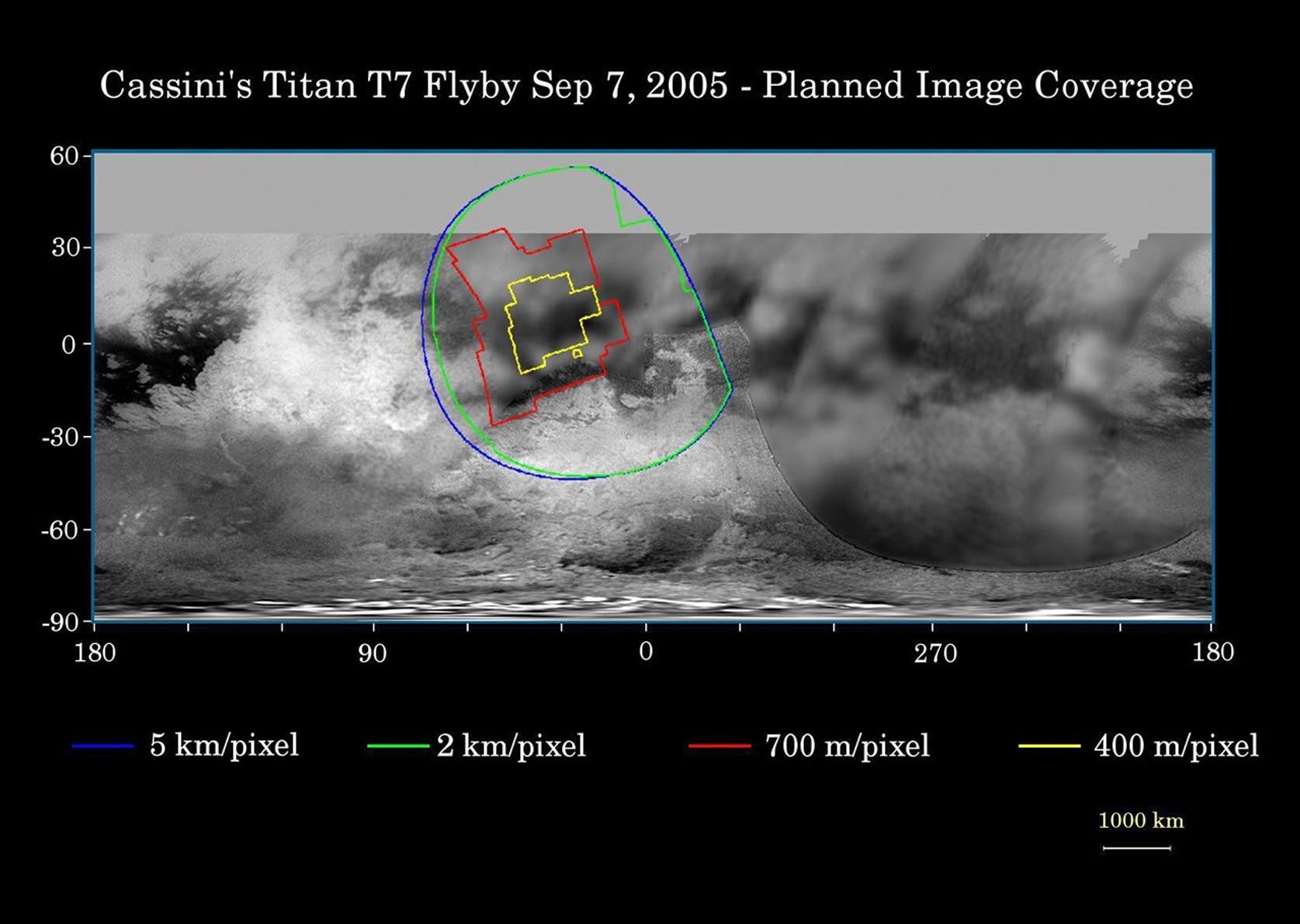 This processed image from Cassini's Aug. 22, 2005, flyby of Titan reveals mid-latitudes on the moon's Saturn-facing side.