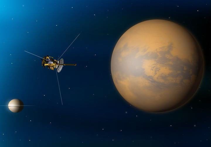 Illustration of Cassini spacecraft at Titan.