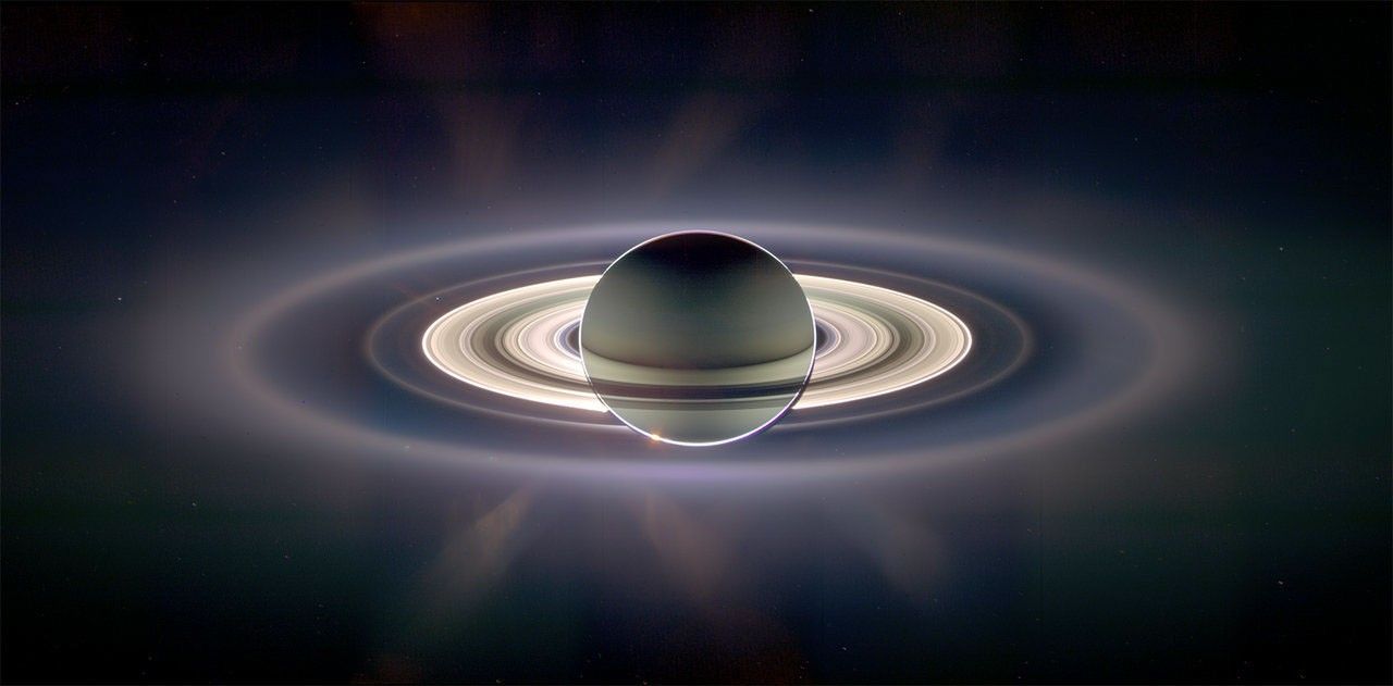 A mosaic of images of Saturn and its rings.