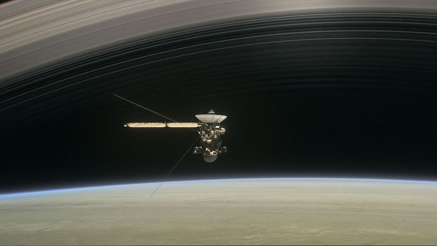 This artist's rendering shows Cassini as the spacecraft makes one of its final five dives through Saturn's upper atmosphere in August and September 2017. Credit: NASA/JPL-Caltech