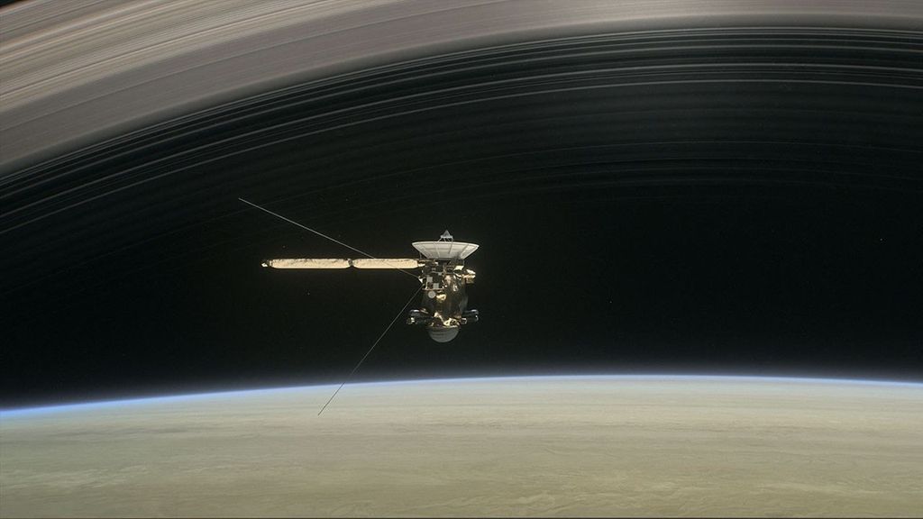 This artist's rendering shows Cassini as the spacecraft makes one of its final five dives through Saturn's upper atmosphere in August and September 2017. Credit: NASA/JPL-Caltech