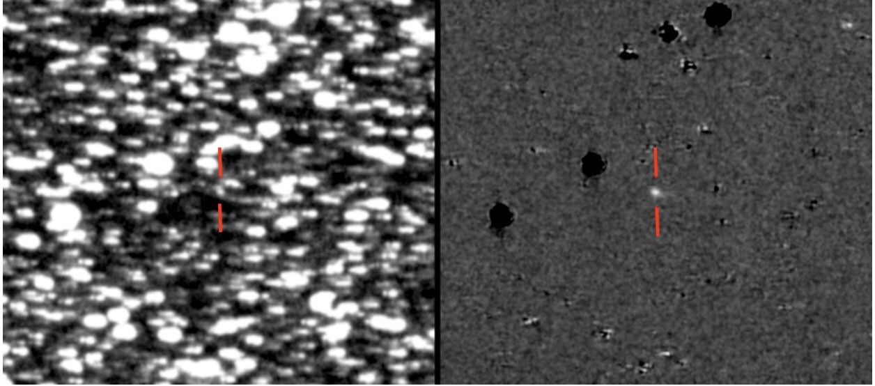 Fuzzy image of distant asteroid against a background.