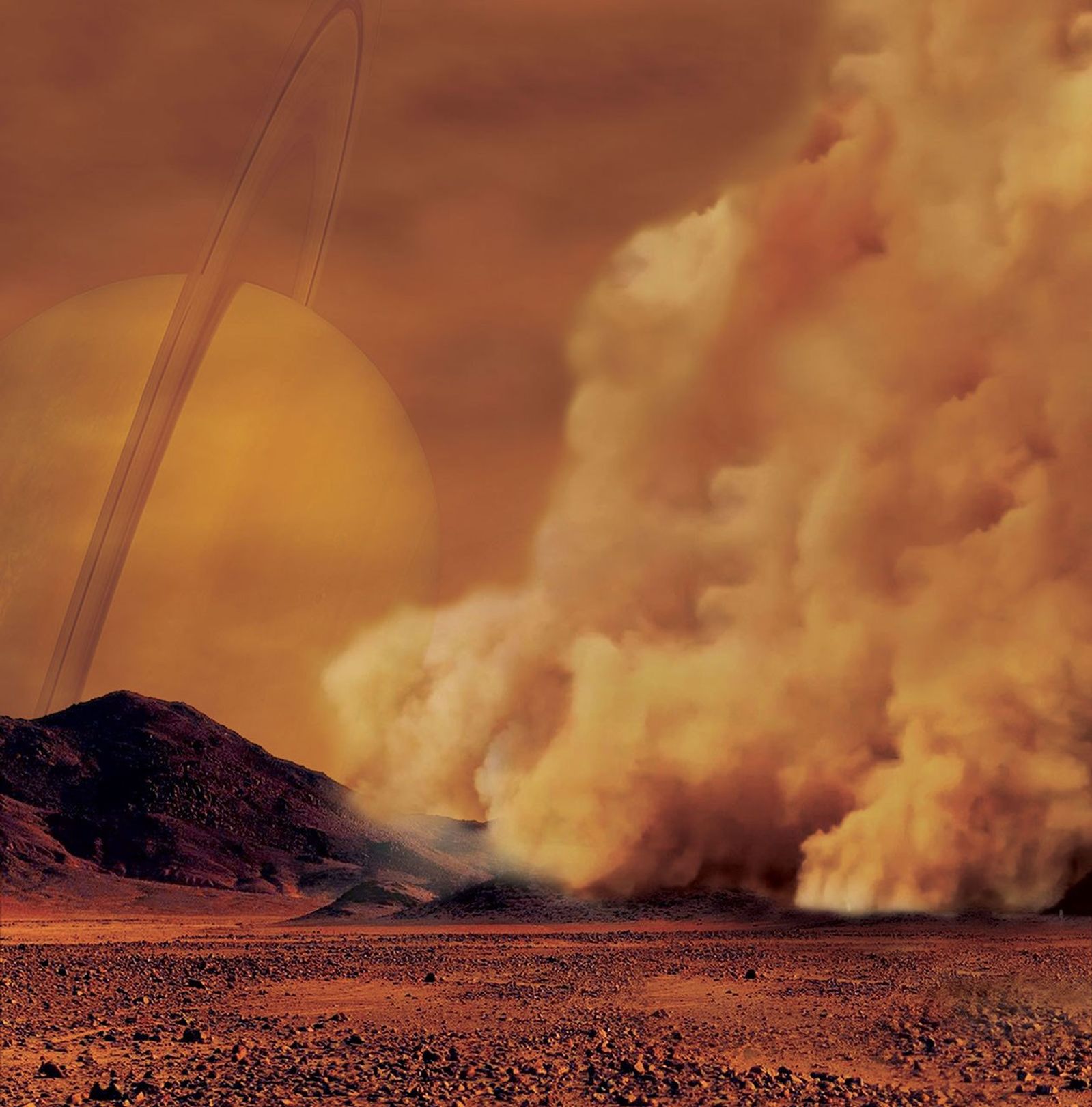 dust cloud billowing with saturn in sky
