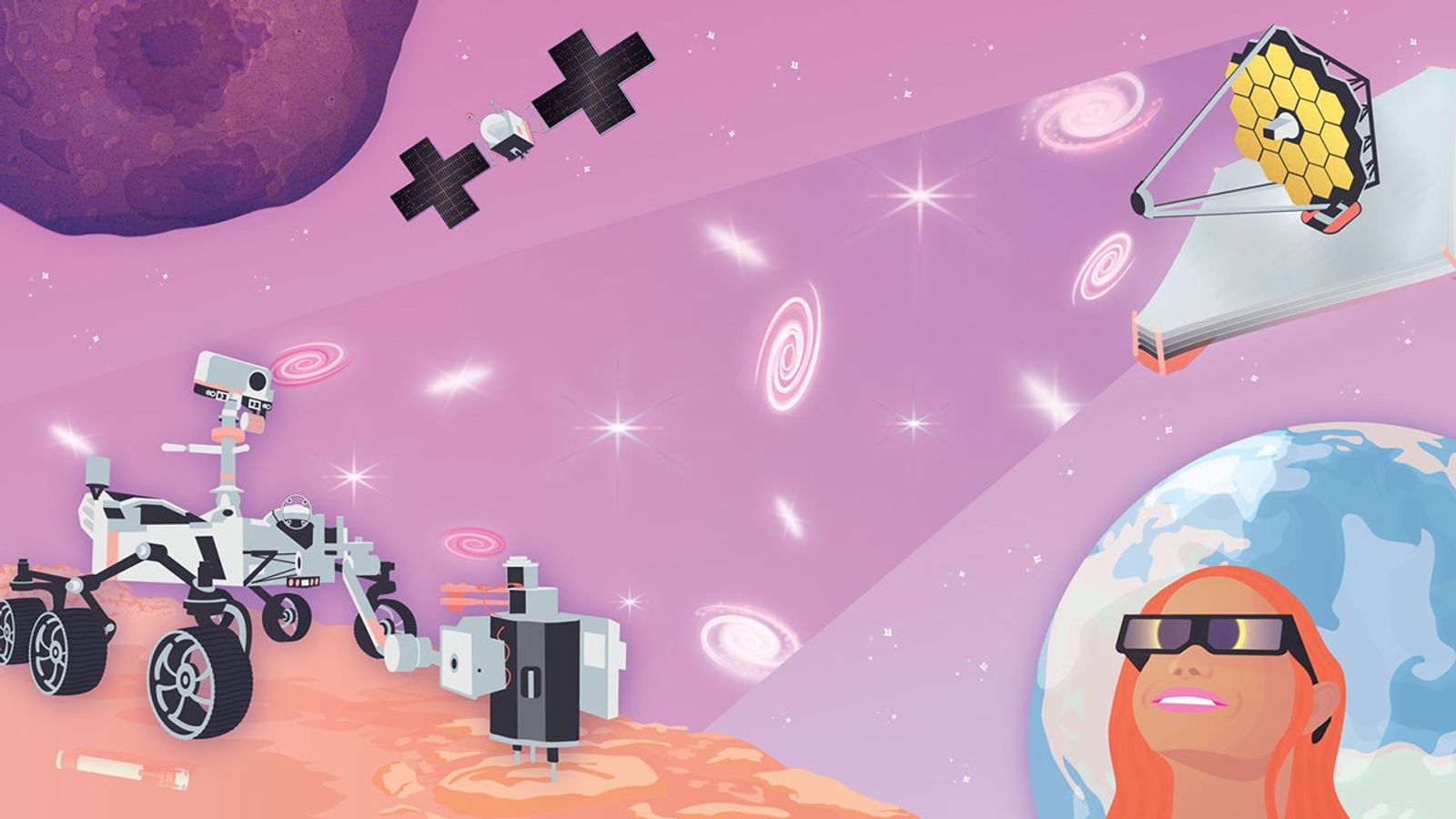 Whimsical view of cartoon planets and spacecraft and aircraft.