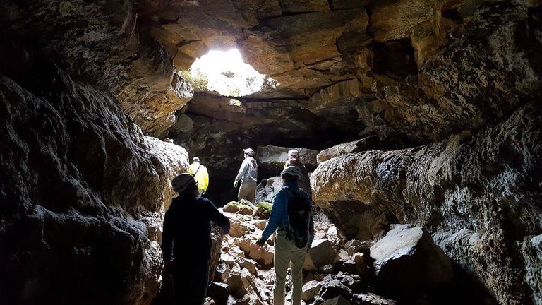 In an underground cave, five researchers wearing helmets and headlamps look towards a brightly lit opening overhead. The rocky cavern is large enough for all five to stand apart.