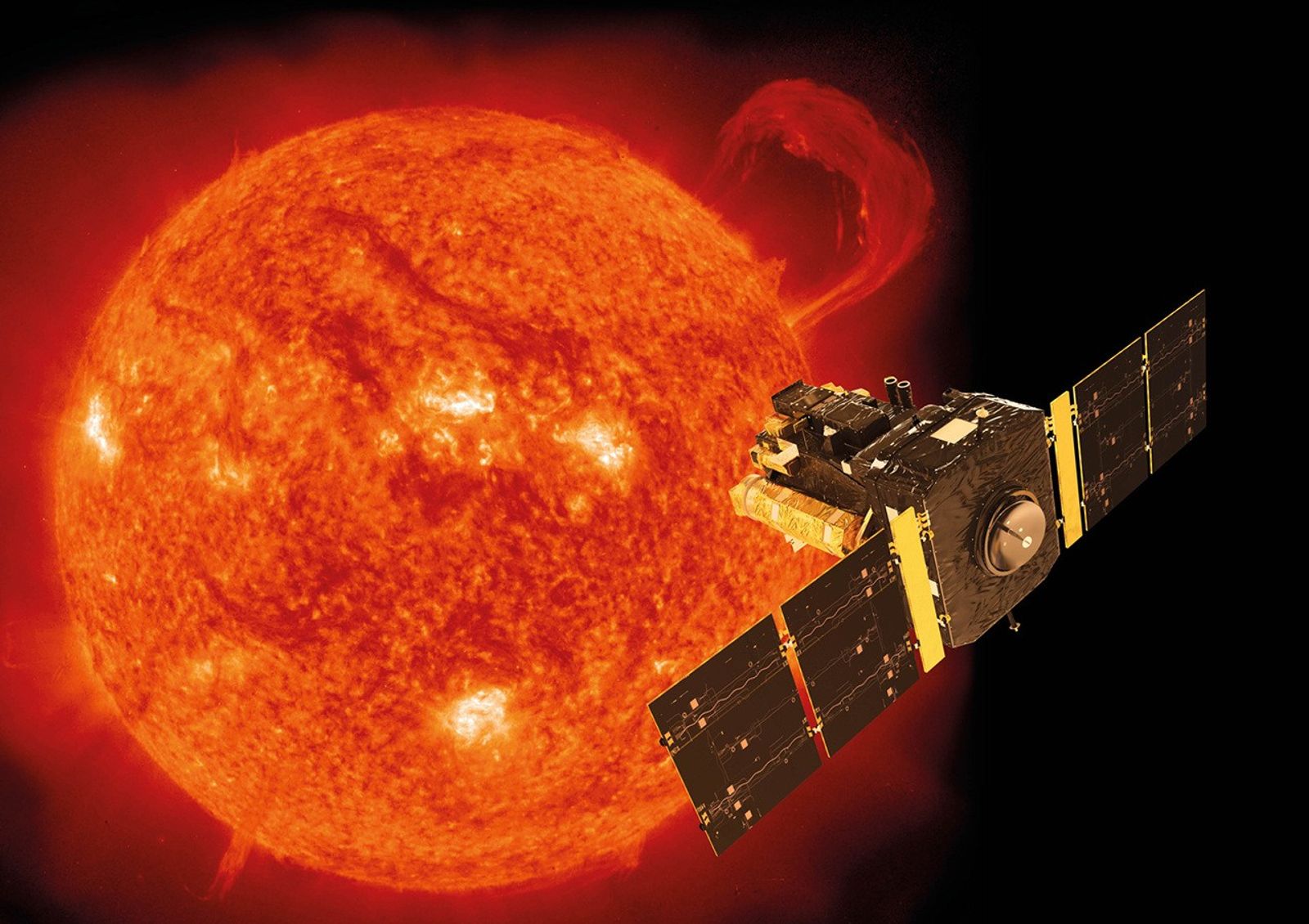 A spacecraft appears in the foreground on the right, while the Sun appears in orange in the background on the left.