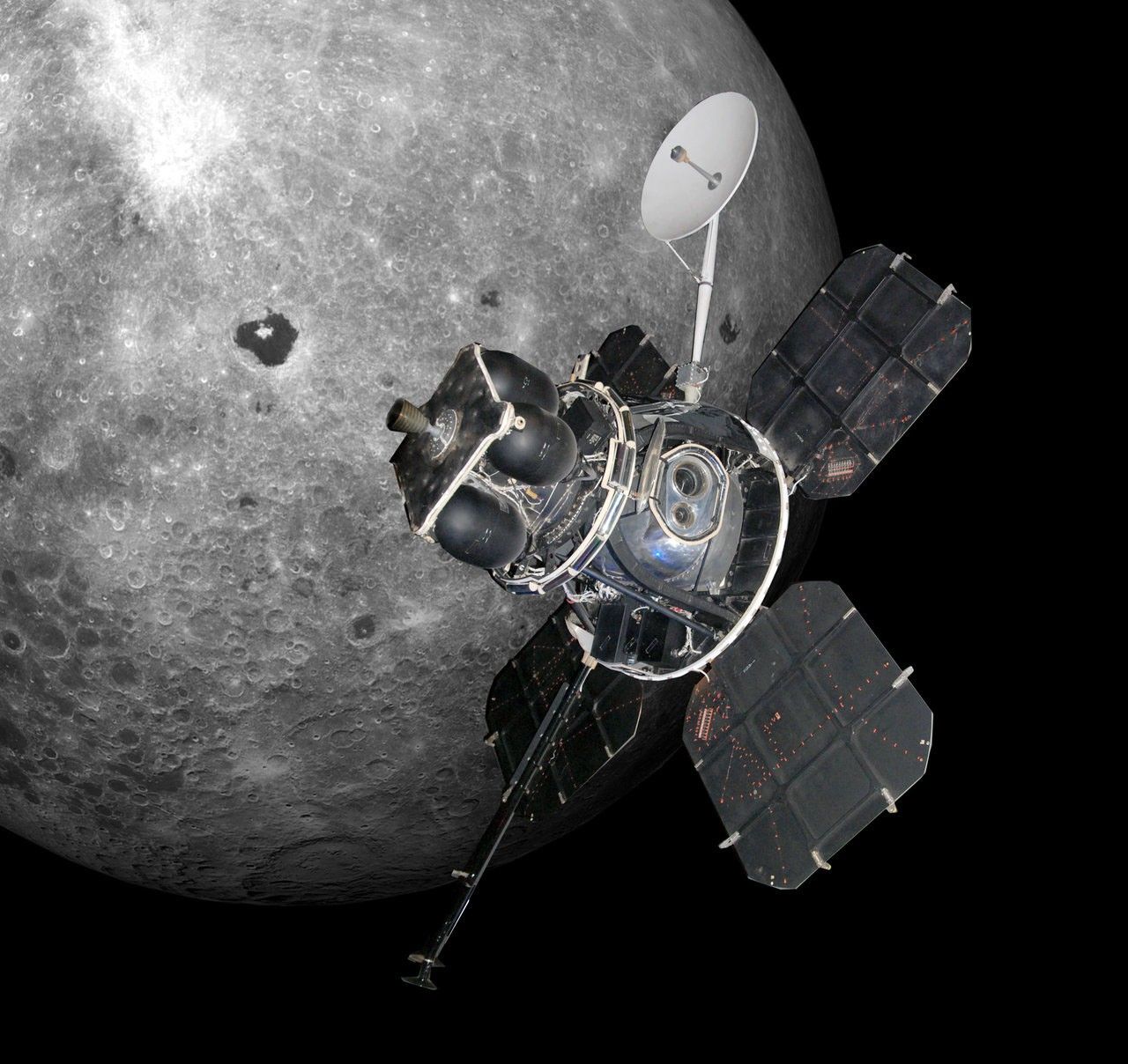 Spacecraft in orbit above the moon.