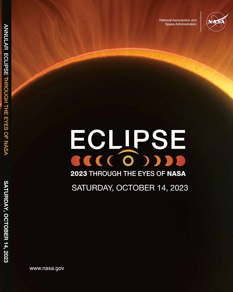 The middle, top, fifth of a black moon covering a yellow and orange fiery sun with an white and yellow annular solar eclipse logo with the phases of an eclipse.