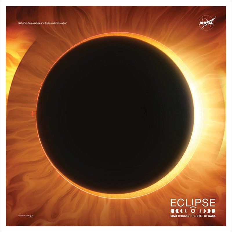 A black moon covering a fiery orange and yellow sun.