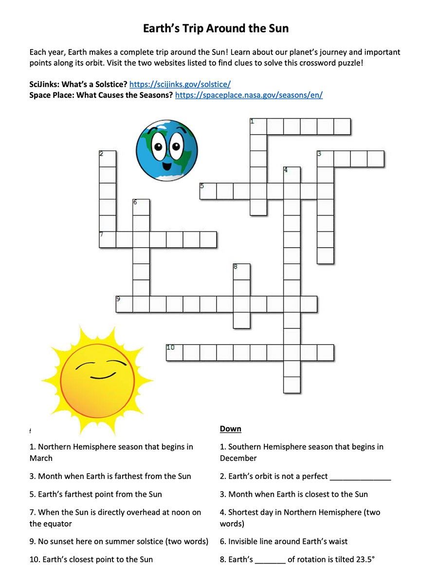 Image shows the crossword puzzle, with clues, with caricatures of Earth and the Sun.