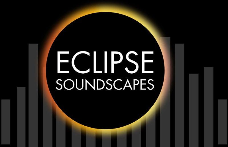 The words "Eclipse Soundscapes" is written in white inside a black circle with an orange, yellow glowing outline around the circle. Light gray bars of various heights rise from a yellow bar below the circle.