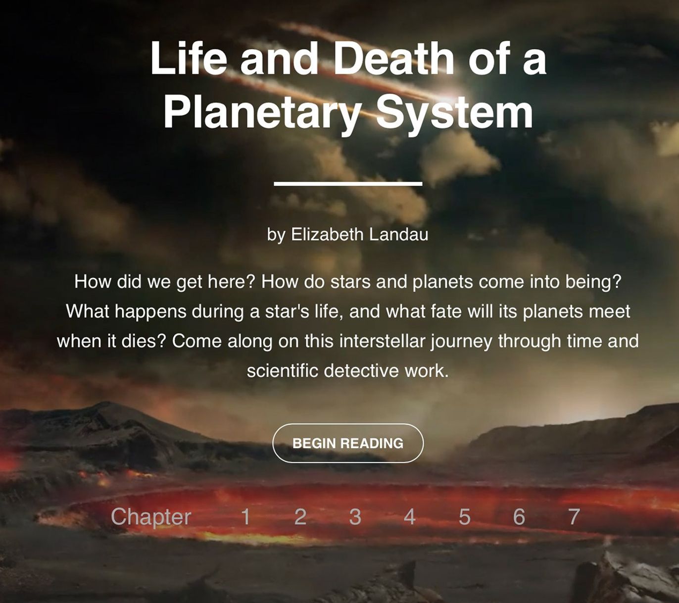 Title "Life and Death of a Planetary System" justified on the top middle and overtop a lava pit with a cloudy, grey sky
