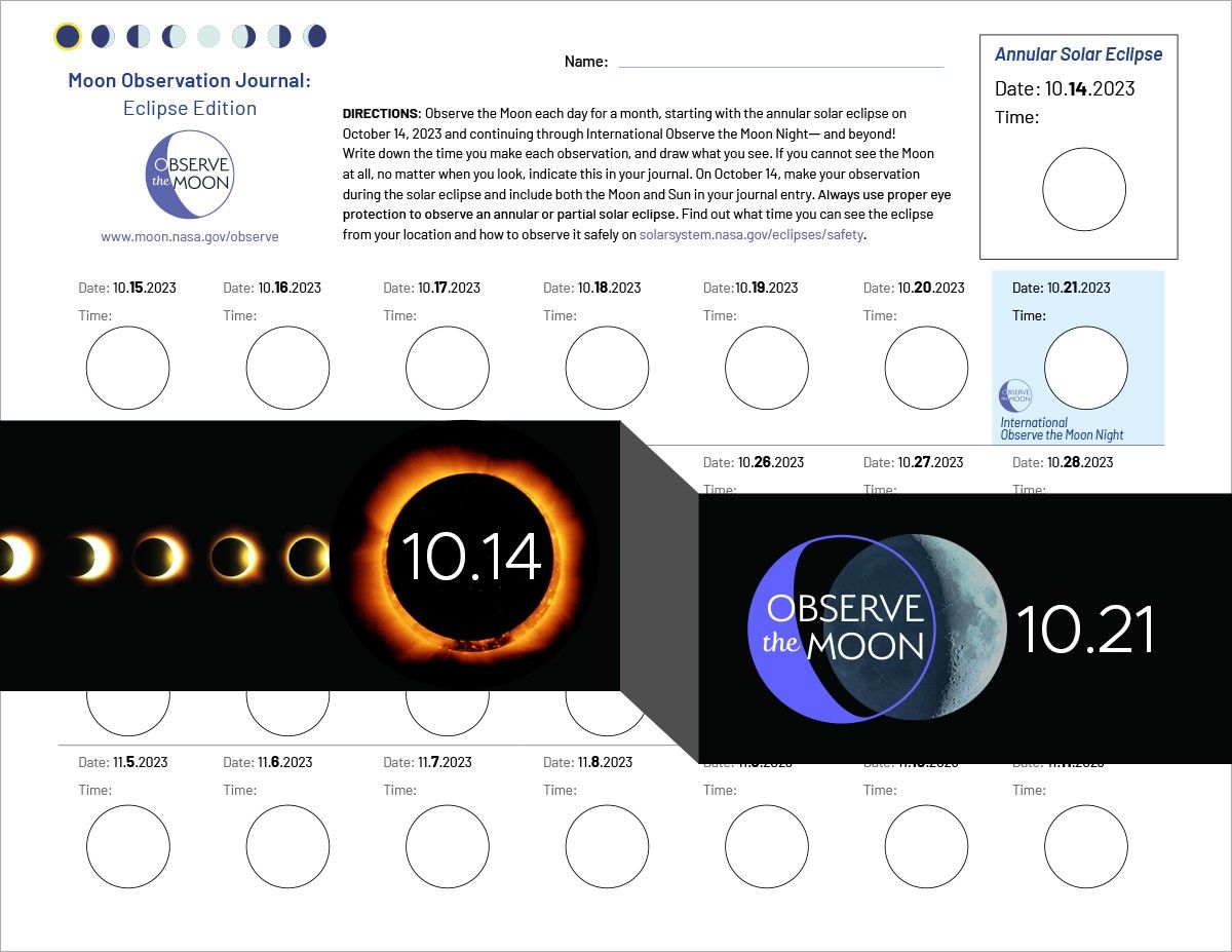 Grid of blank circles representing different dates in October 2023, with an image of an annular eclipse and a Moon.