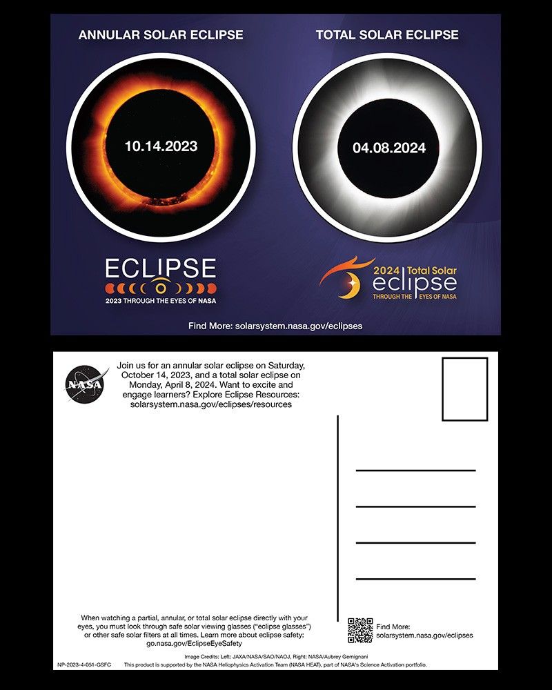 Left half of the rectangle showcases the annular solar eclipse with a Hinode satellite image of the black moon covering a ring of fire, orange and yellow sun, with the upcoming date, 10-14-2023. The right half is about the total solar eclipse and has a black moon covering a white wispy sun with the upcoming date 04-08-2024. The bottom includes a url to solarsystem.nasa.gov/eclipses