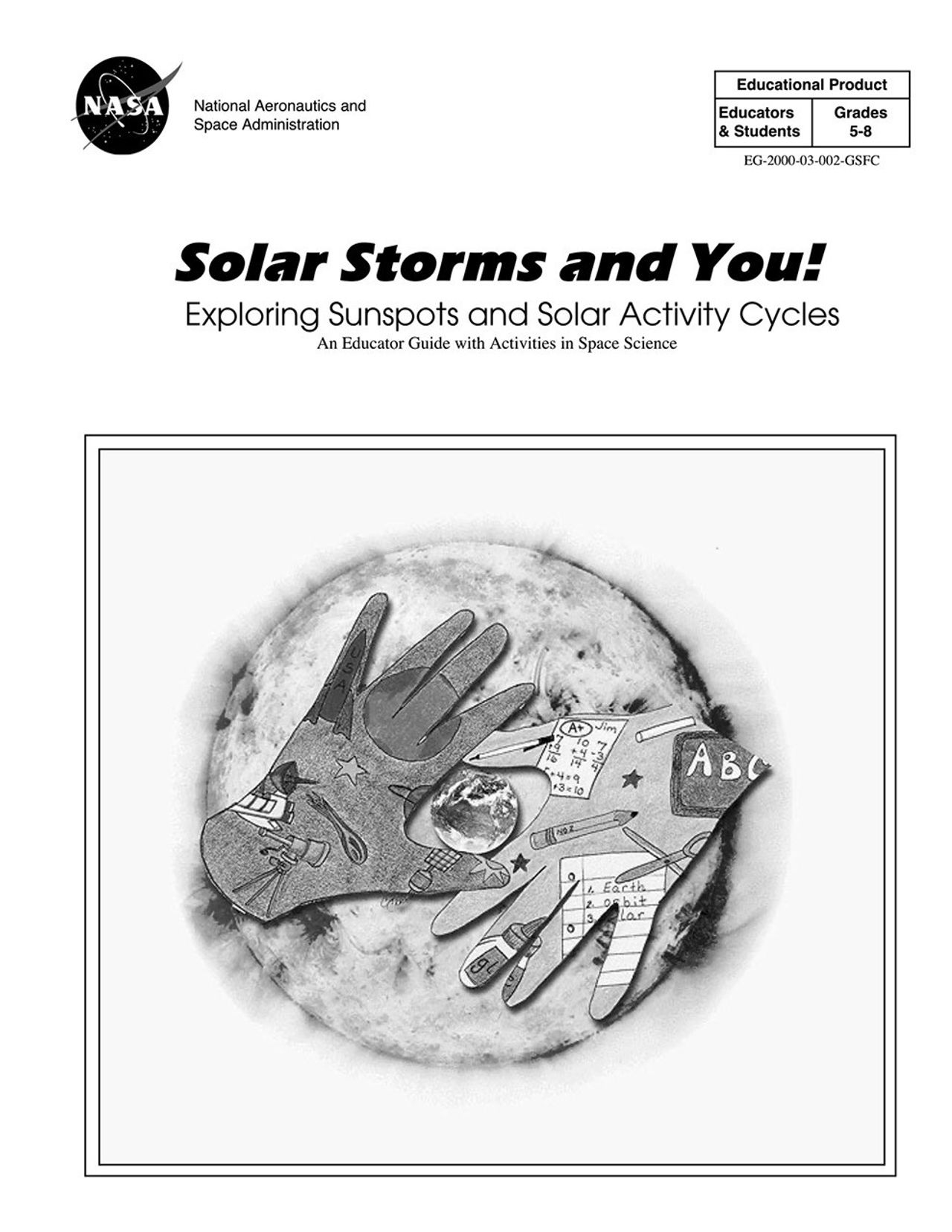A black and white illustration of the Sun with two hands on top of it. Within the hands are smalller drawings of school-related items like telescopes, pencils, scissors, and glue.