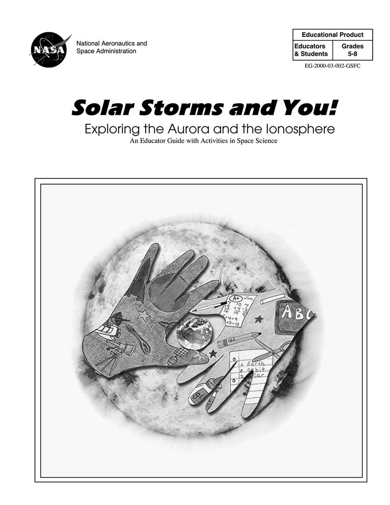 A black and white illustration of the Sun with two hands on top of it. Within the hands are smalller drawings of school-related items like telescopes, pencils, scissors, and glue.