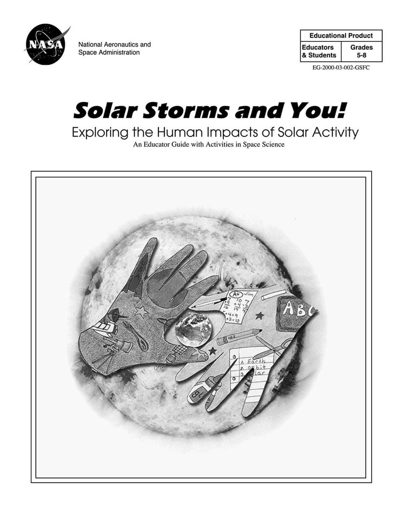 A black and white illustration of the Sun with two hands on top of it. Within the hands are smalller drawings of school-related items like telescopes, pencils, scissors, and glue.