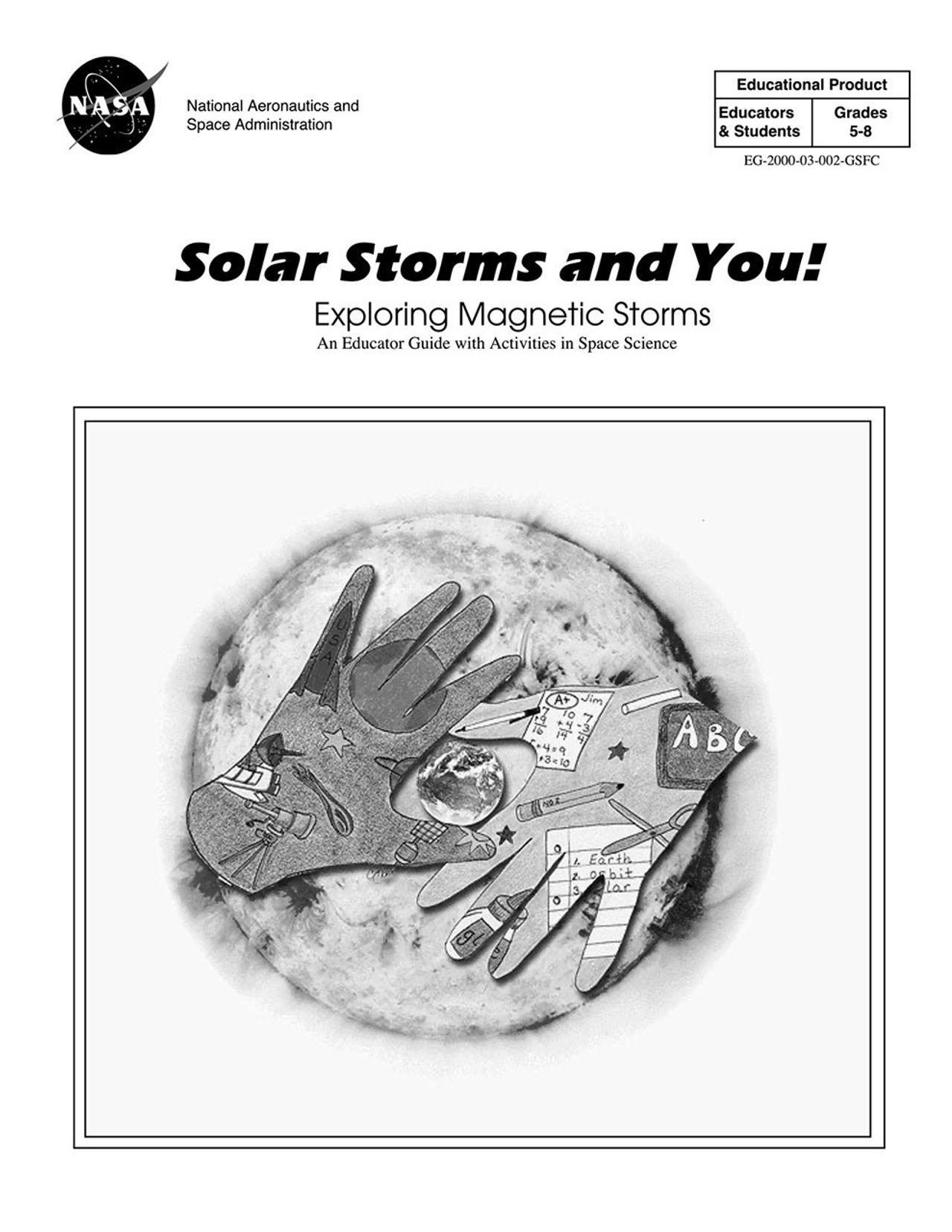 A black and white illustration of the Sun with two hands on top of it. Within the hands are smalller drawings of school-related items like telescopes, pencils, scissors, and glue.