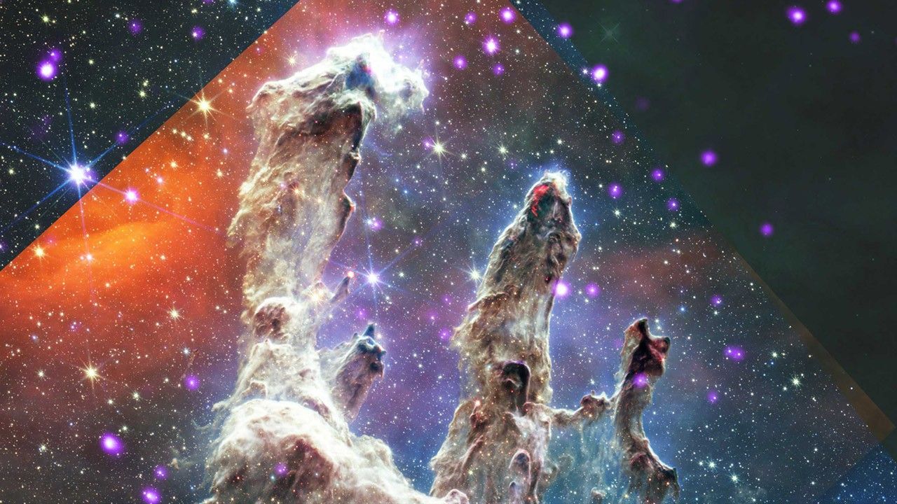 Title "Star Formation: Eagle Nebula" justified in the top right with an  image of a watercolor brown galaxy on top of a watercolor blue with white starburst backgrounds.