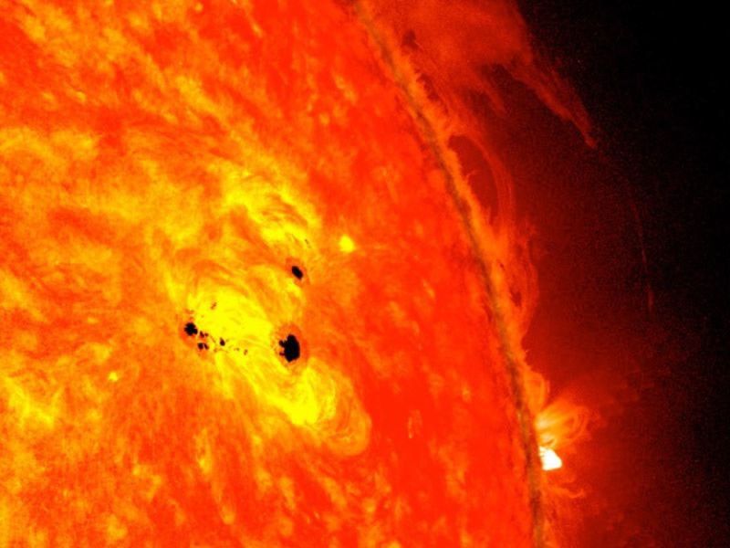 Close-up of sunspots on the surface of the Sun.
