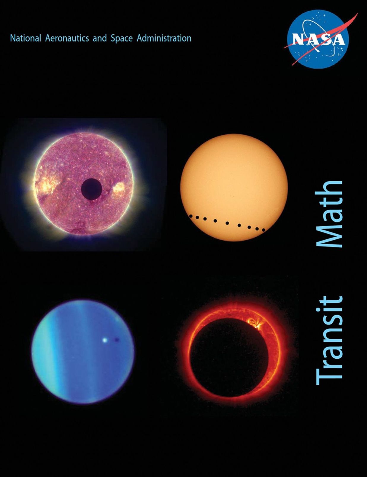A series of satellite images showing the transit of Venus across the Sun. The large yellow Sun is in the background with a series of small black circles across the bottom of the Sun, showing Venus' orbit across the Sun, as seen from Earth.