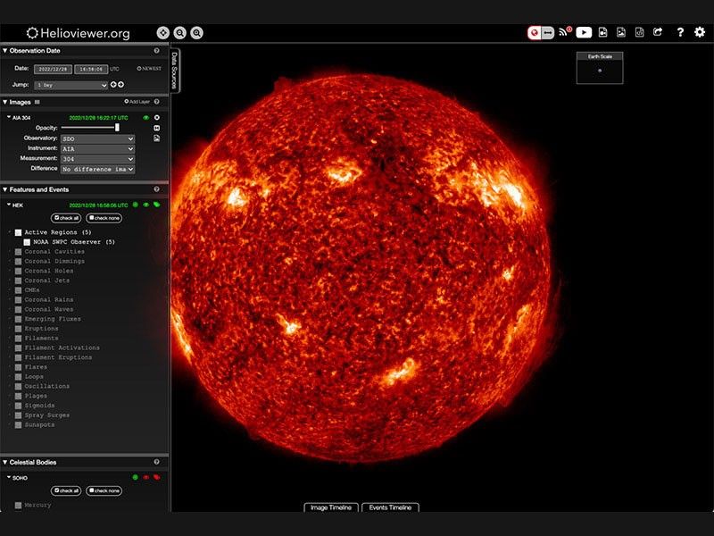 In the viewport is an image of the Sun in near real-time. On the upper left are choices for Date, Time Step, and a drop down menu to make an observation among 5 choices. Click buttons to display the newest image and leave events on or off.  On the lower left is a bar scale in kilometer; a slide allows user to zoom and pan. At the bottom left is a Earth scale button. On the upper right are three icons: video, picture, and a question mark for more information.