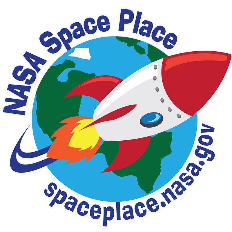 The NASA Space Place logo. A Cartoon rocket orbiting Earth. "NASA Space Place" is written in blue on the top of the Earth and spaceplace.nasa.gov is written on the bottom of the Earth.