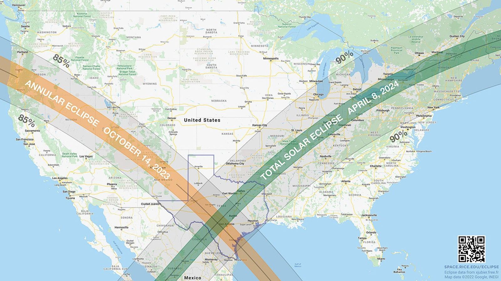 US map showing the October 14, 2023 annular solar eclipse path in orange and the April 8,2024 total solar eclipse path in green.