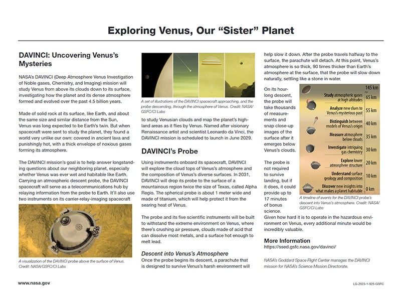 Three columns of text are shown with one DAVINCI-related graphic in each column.