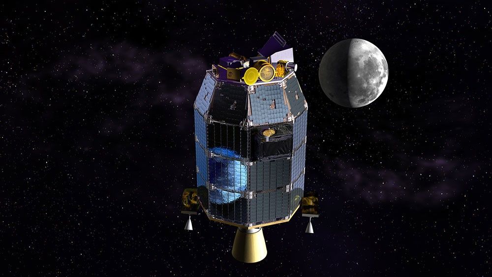 A whimsical artist's concept of the Earth reflected in the LADEE spacecraft's solar panels as it travels to the moon.