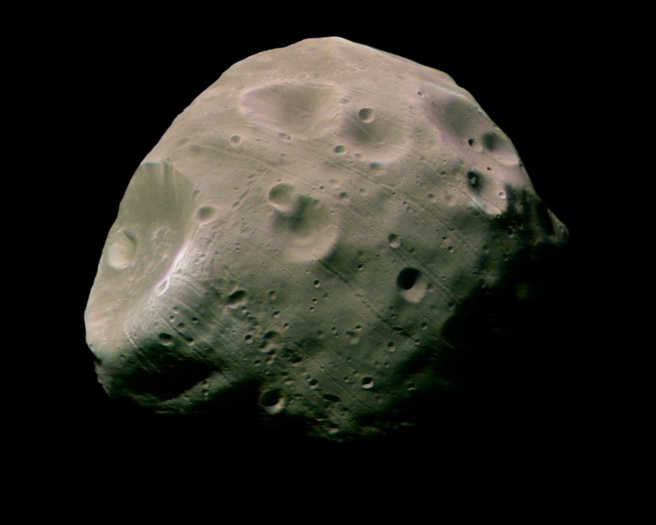 This image, taken by the High Resolution Stereo Camera (HRSC) on board ESA's Mars Express spacecraft, is one of the highest-resolution pictures so far of the Martian moon Phobos.