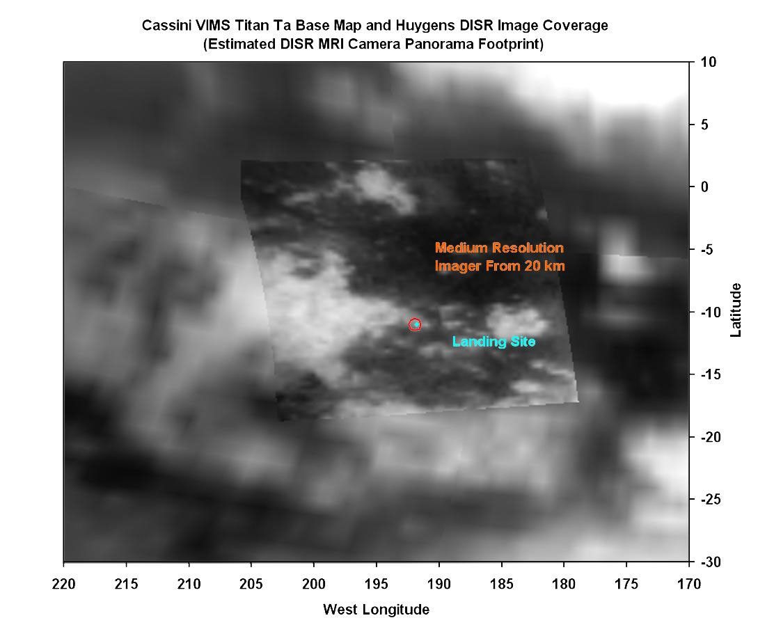 black and white image of Huygens landing site with labels showing Huygens instrument coverage
