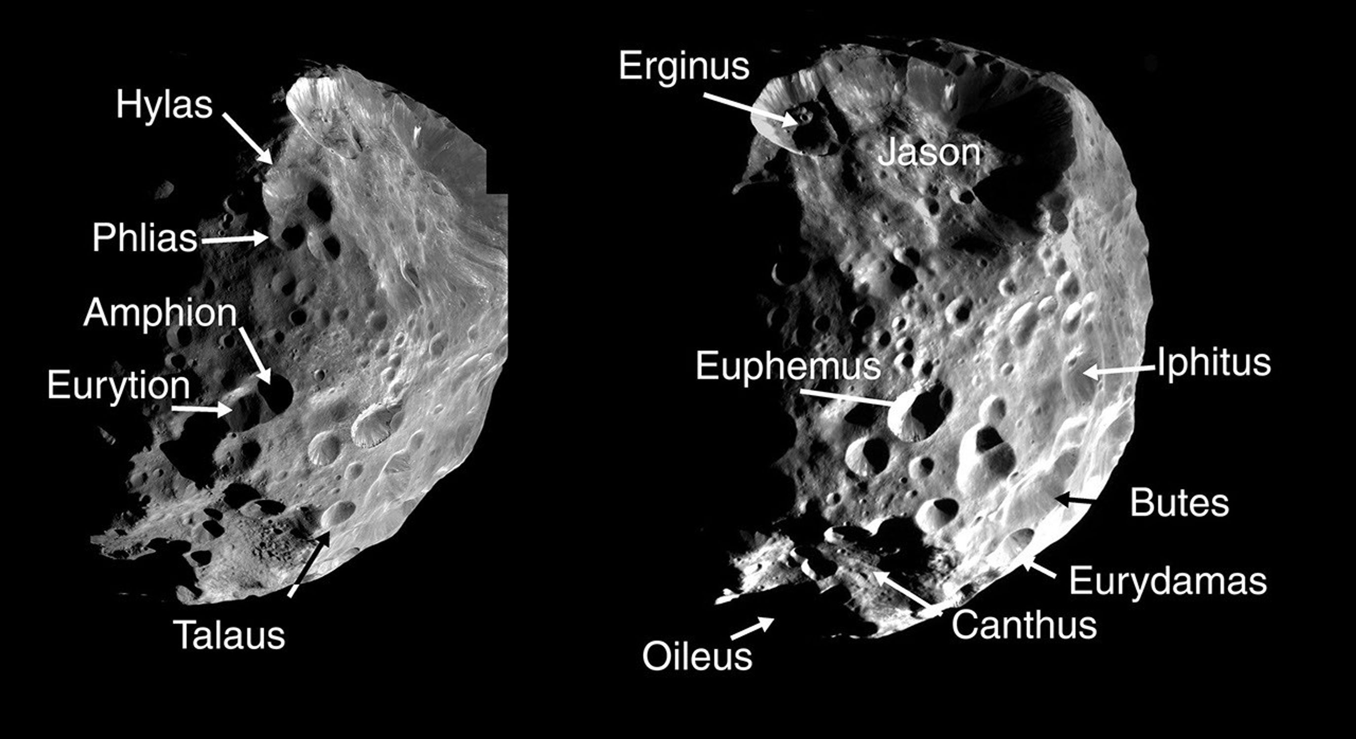 The craters on Phoebe are labeled