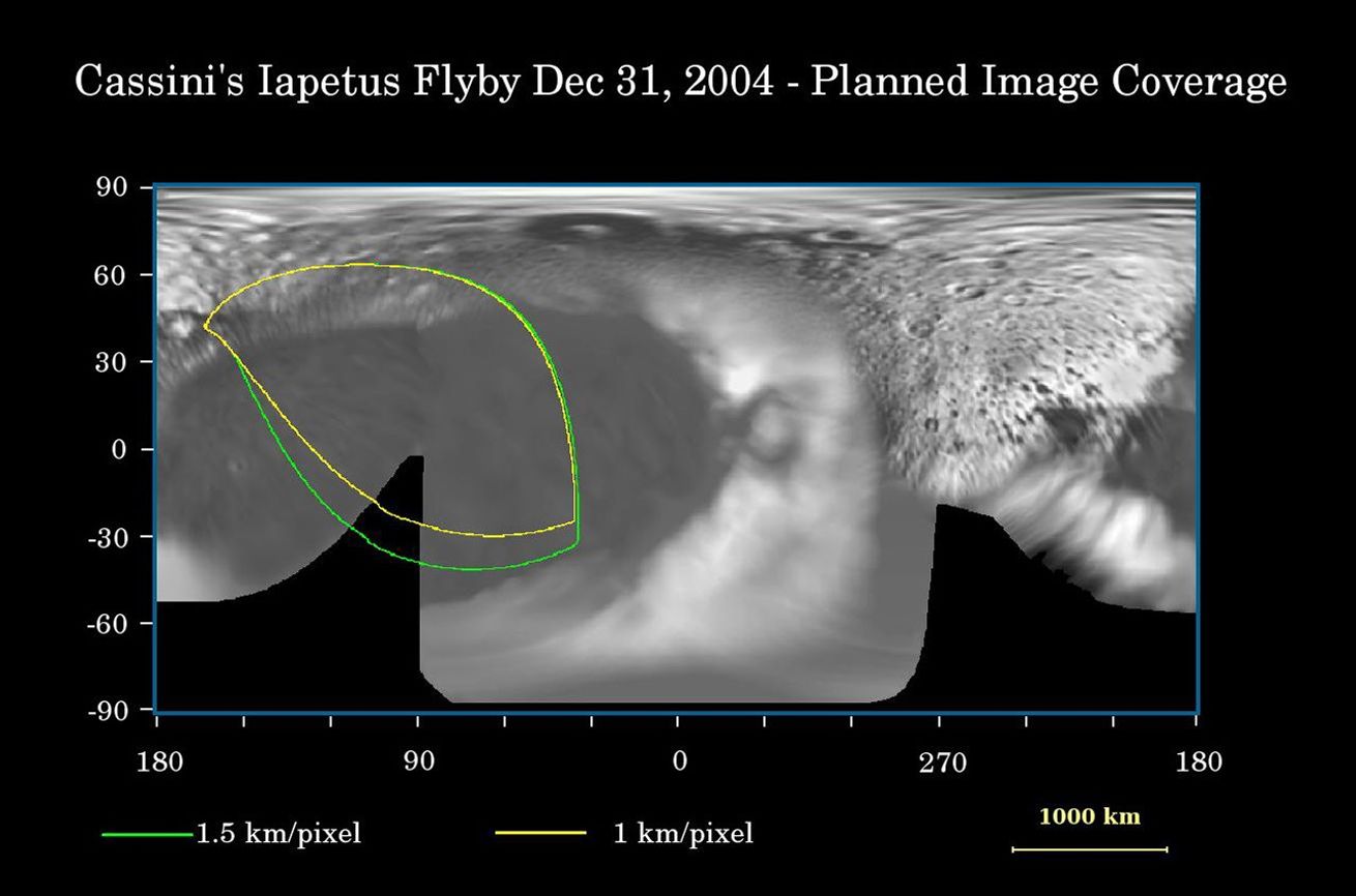 Black and white map detailing where Cassini's instruments will be focused.