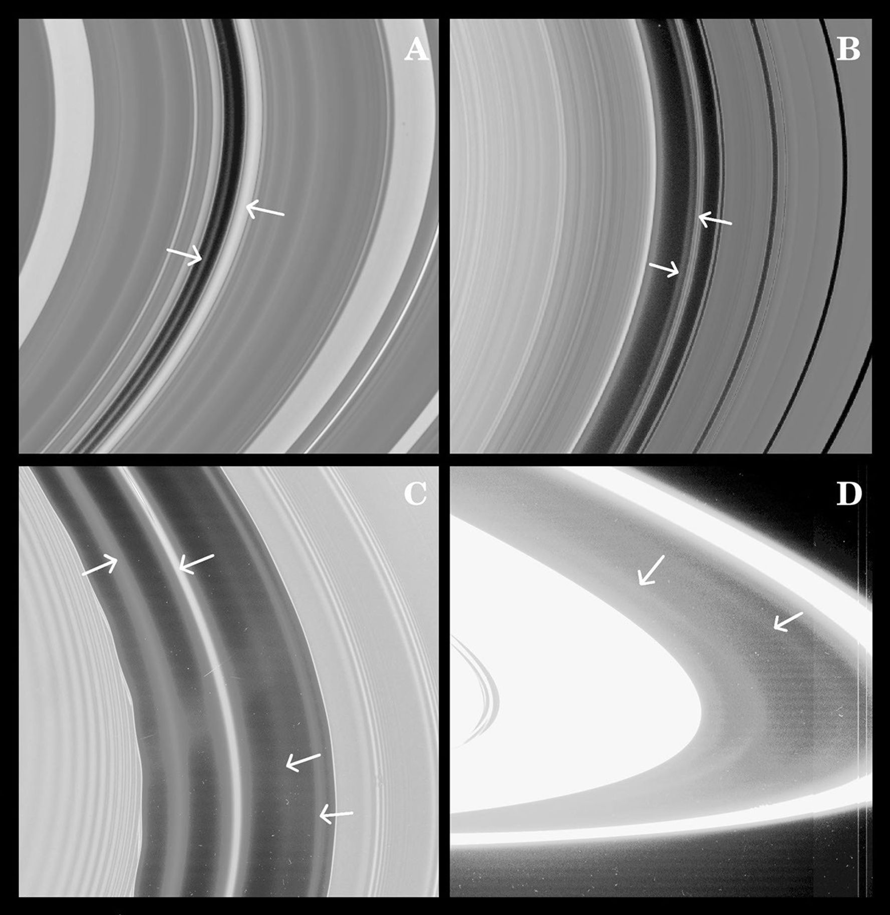 Four views of Saturn's rings labeled A through D, including arrows described in the caption