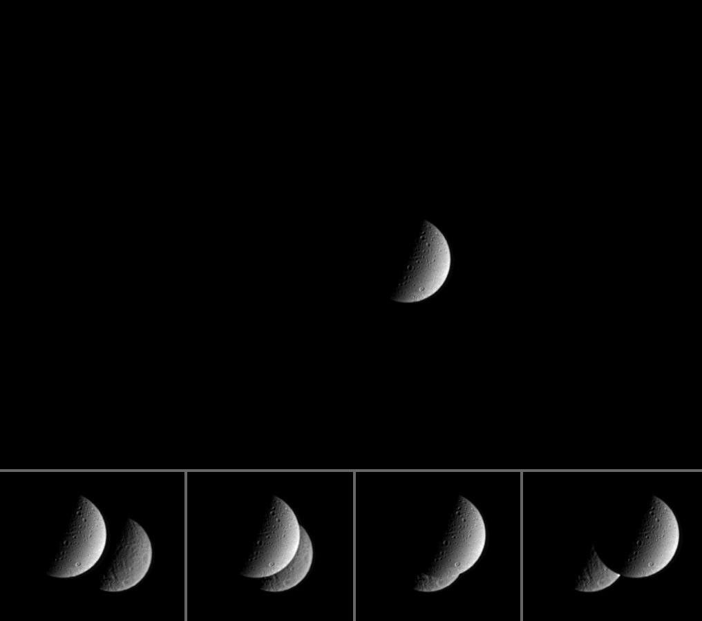 This animated image shows what happened when Cassini pointed its cameras toward Saturn's moon Dione to witness its distant sibling moon Rhea briefly pass behind.