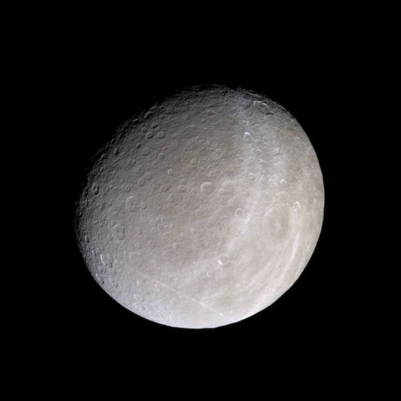 Saturn's moon Rhea, and its bright, wispy terrain
