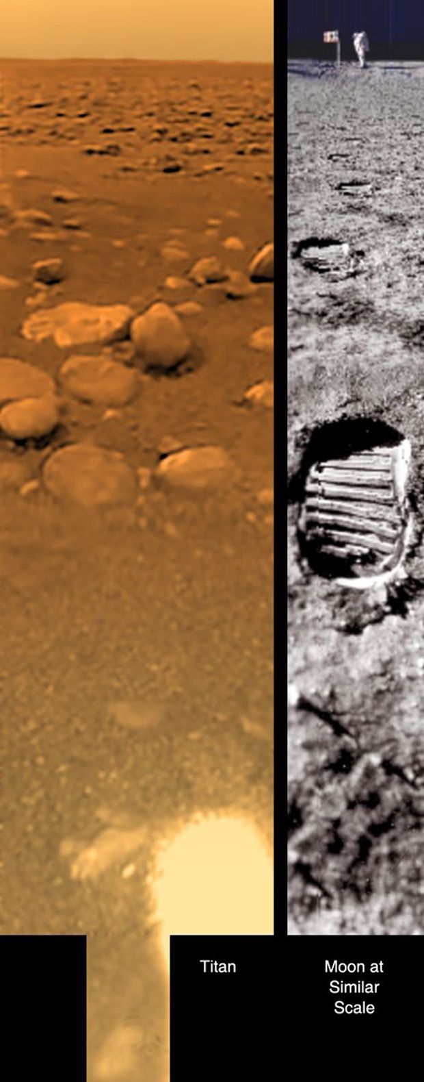 This poster shows a composite view from Huygens as the probe was setting on Titan's surface