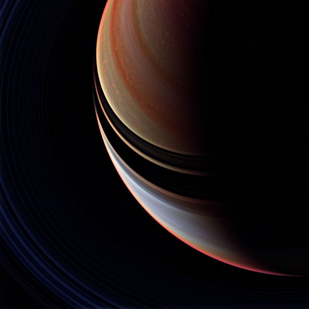 A strongly enhanced false color view of Saturn and its rings