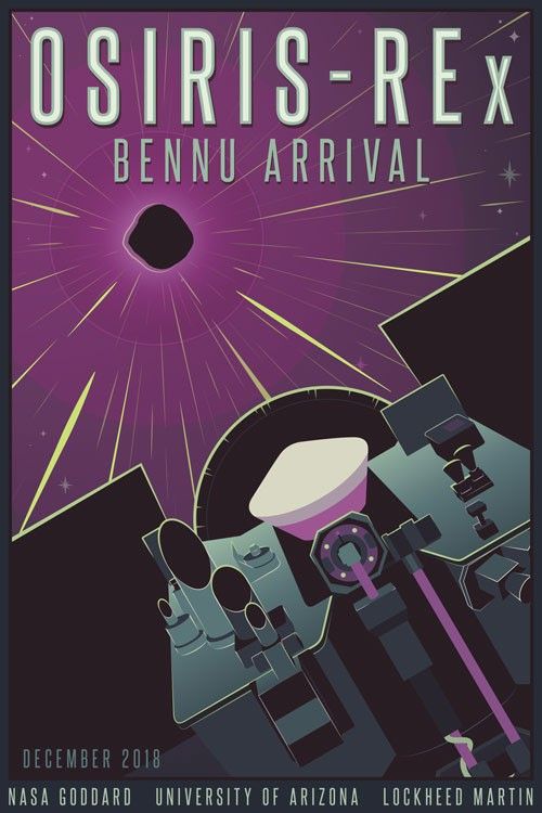 Colorful, stylized view of spacecraft approaching an asteroid.