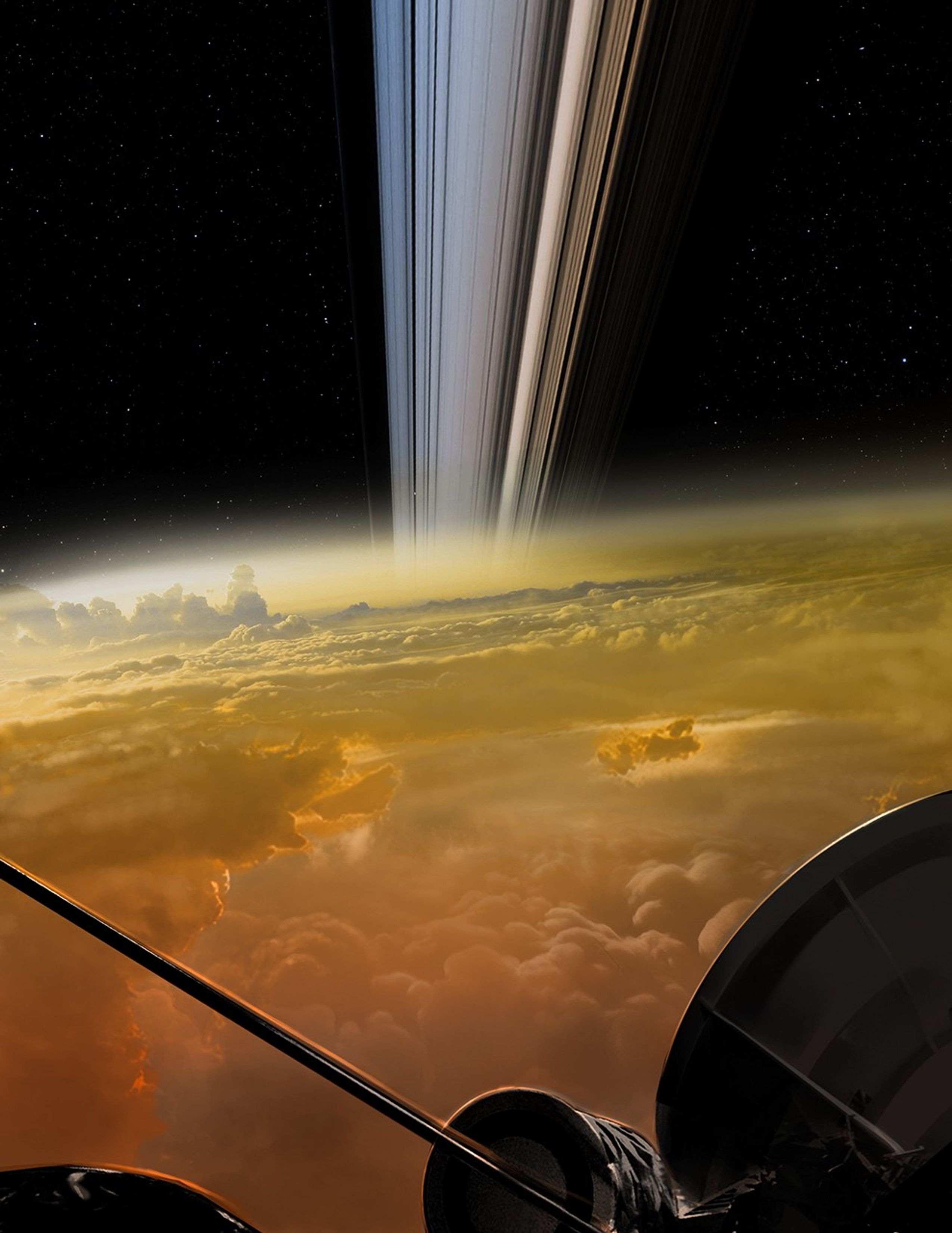 Illustration of spacecraft over Saturn.