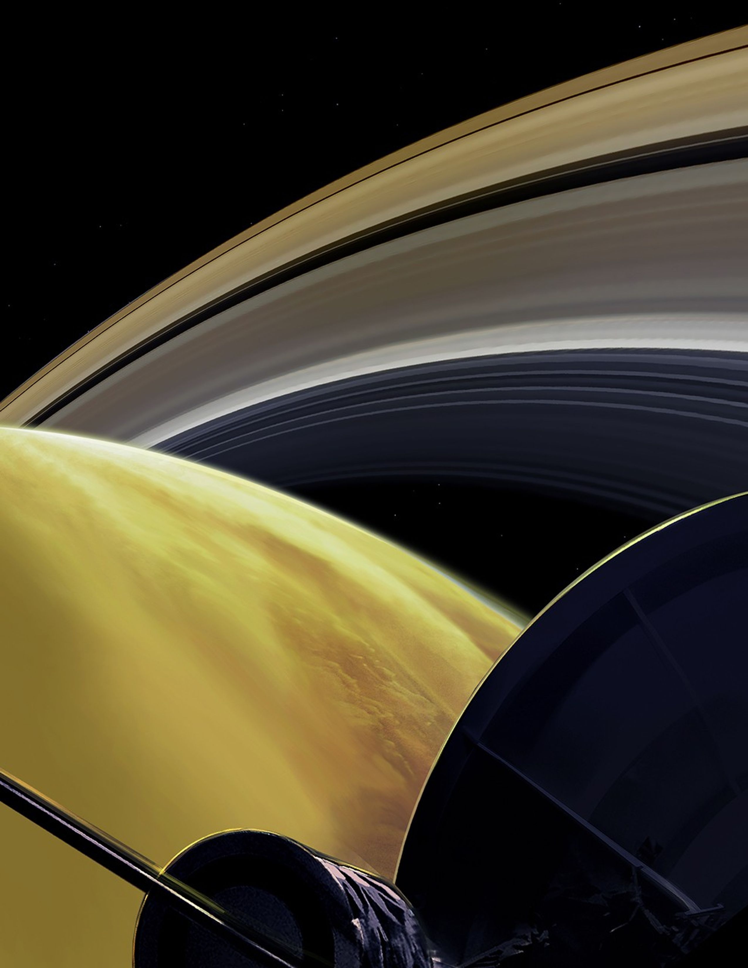 Illustration of spacecraft over Saturn.