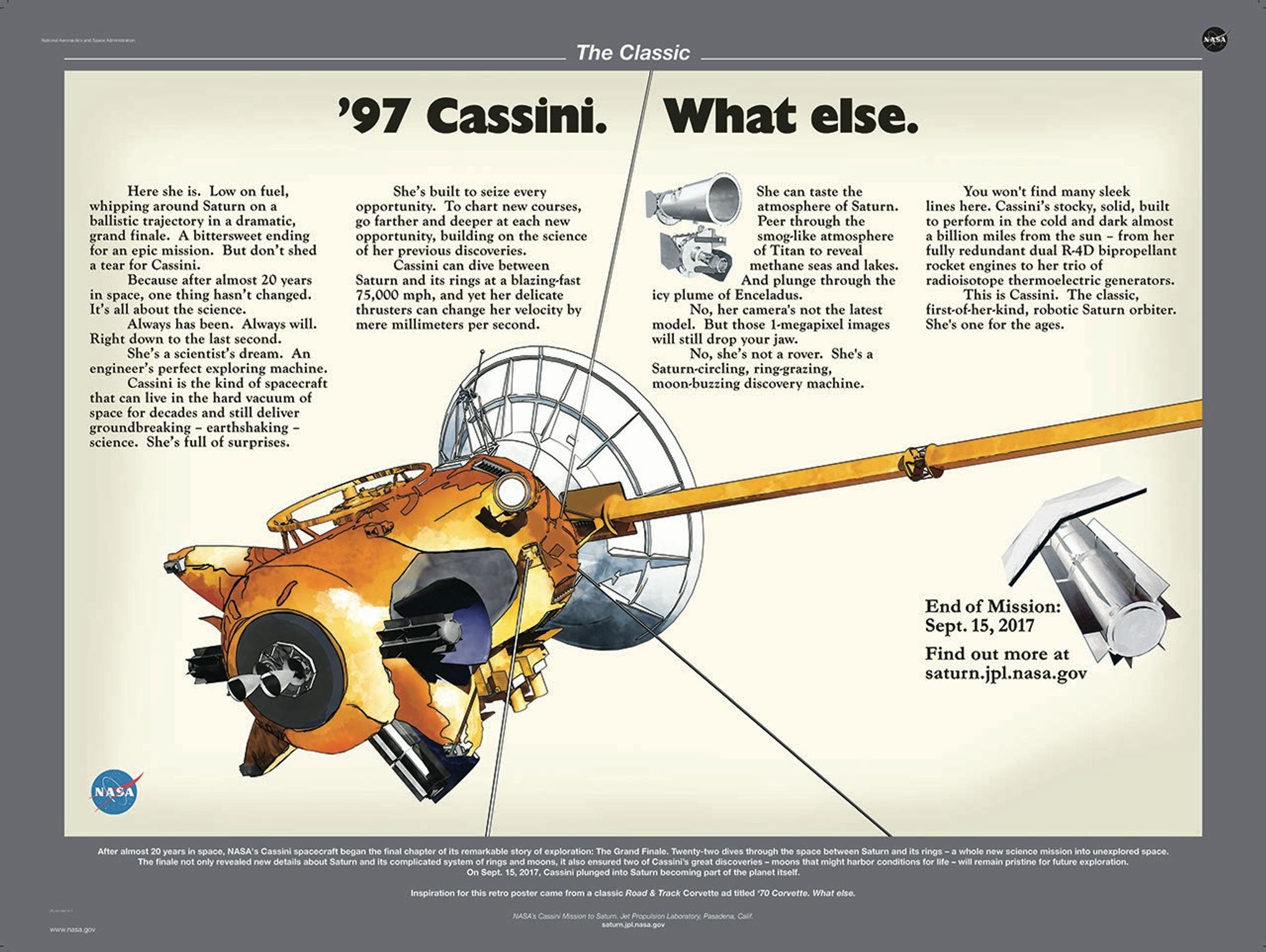 Mock advertisement describing the Cassini mission's accomplishments.
