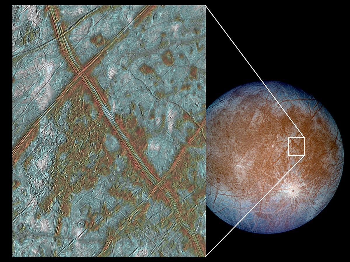 The image on the left shows a region of Europa's crust made up of blocks which are thought to have broken apart and "rafted" into new positions.