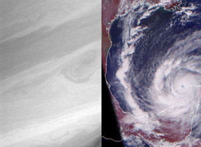 Side by side images. Left: close-up of Saturn. Right: a view of a hurricane on Earth from space.