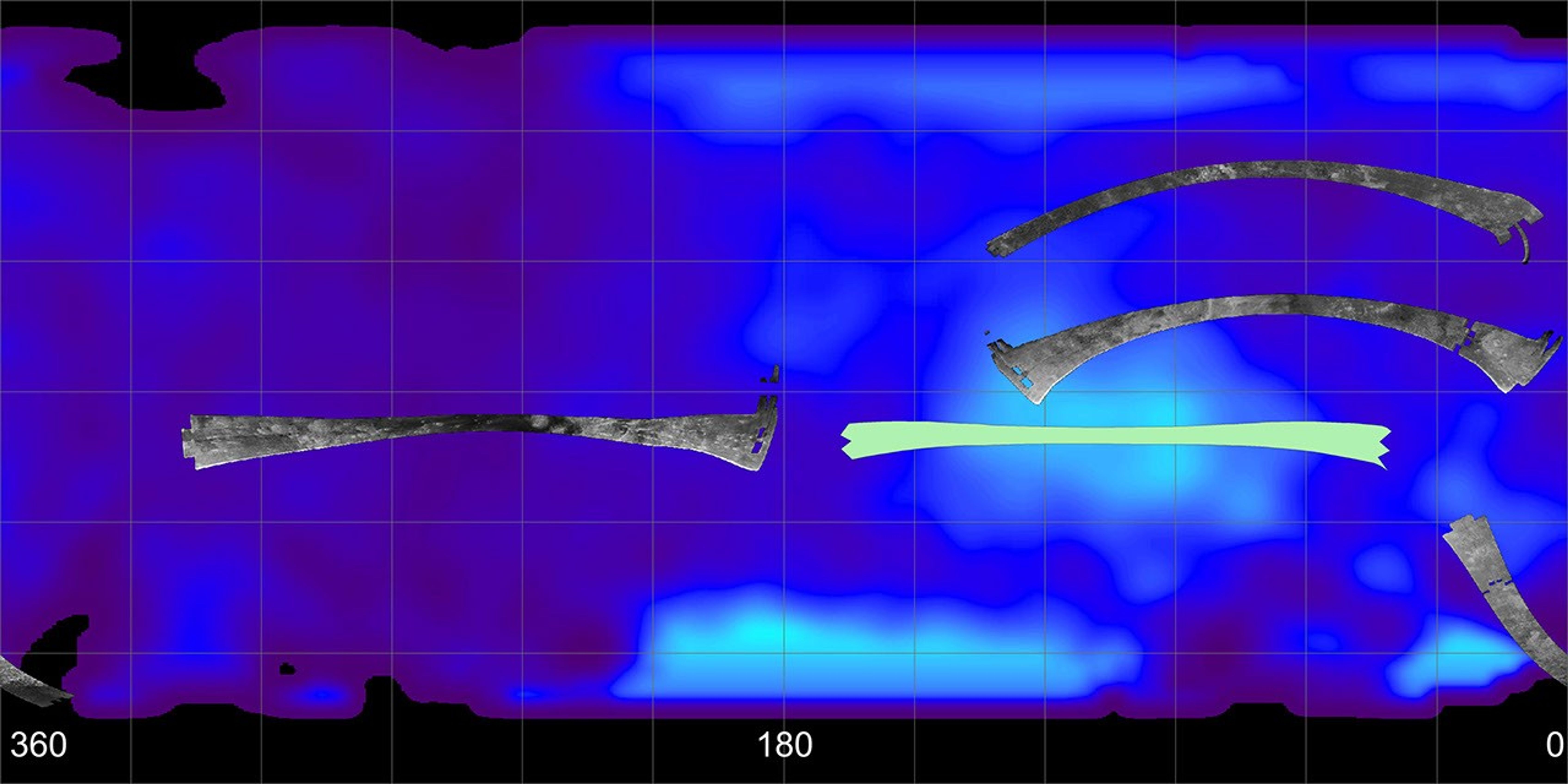 Location of the upcoming April 30, 2006, Titan flyby and the areas mapped so far by Cassini